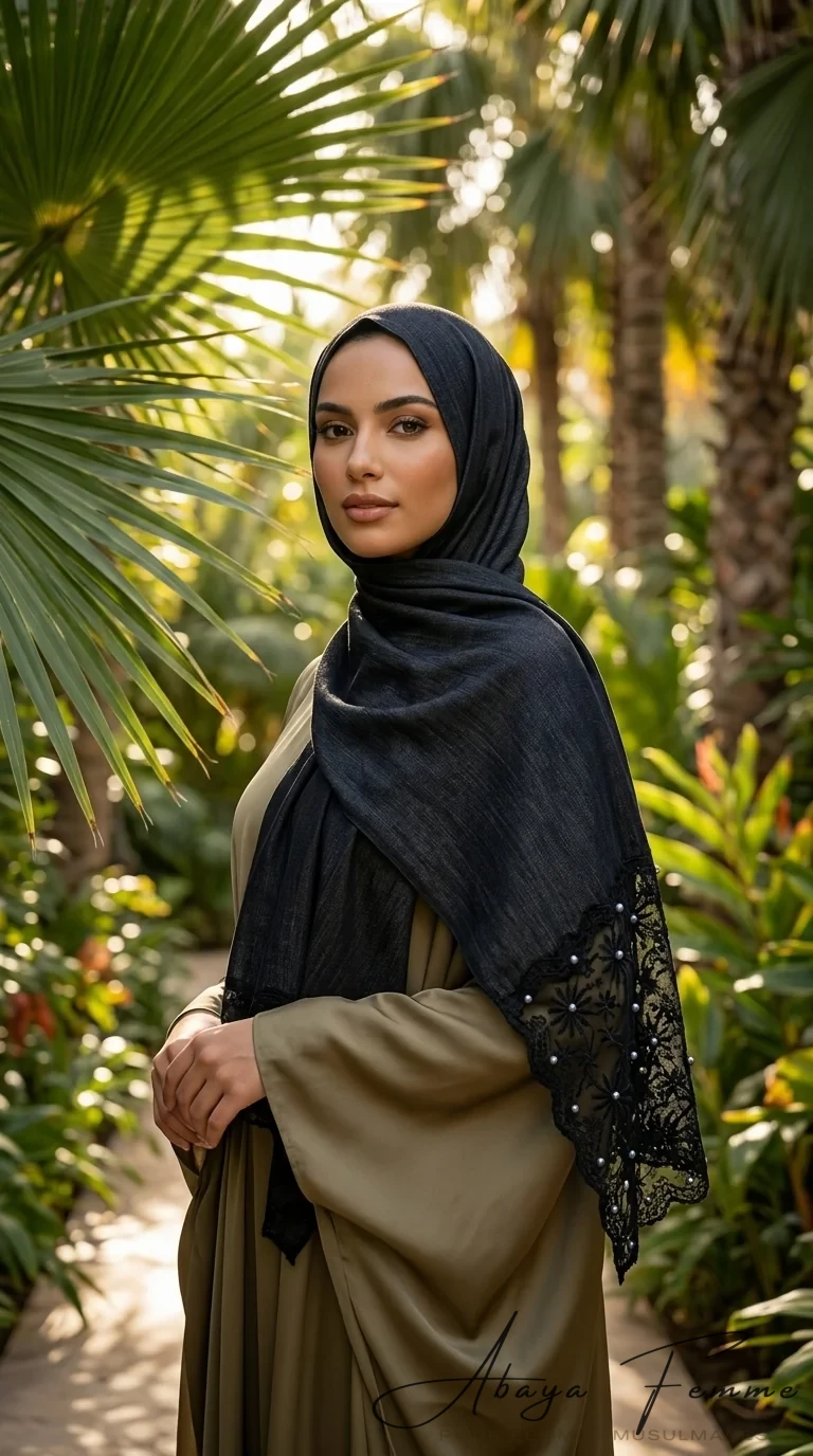Hijab Dentelle Noir Denim rectangulaire - Garden Photo - Model Style: Hijabi