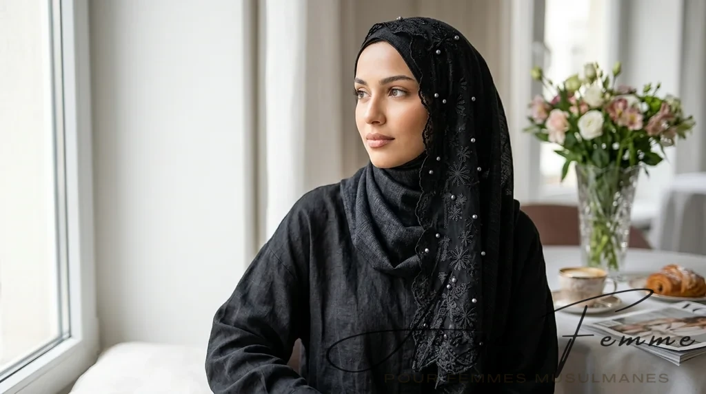 Hijab Dentelle Noir Denim rectangulaire 1 Hijab Dentelle Noir Denim rectangulaire - Lifestyle Photo - Model Style: Hijabi