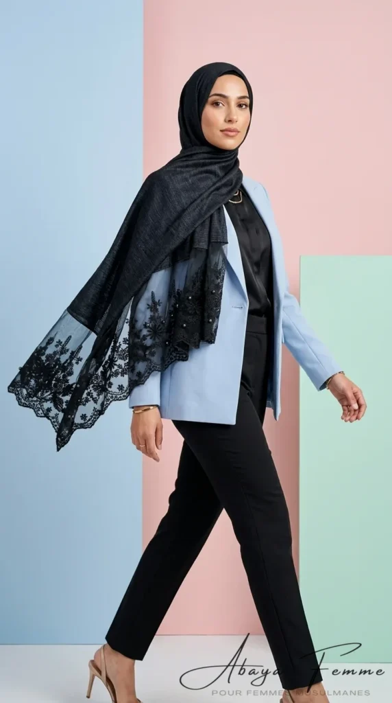 Hijab Dentelle Noir Denim rectangulaire – vue 1