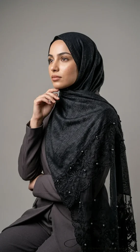 Hijab Dentelle Noir Denim rectangulaire – vue 2