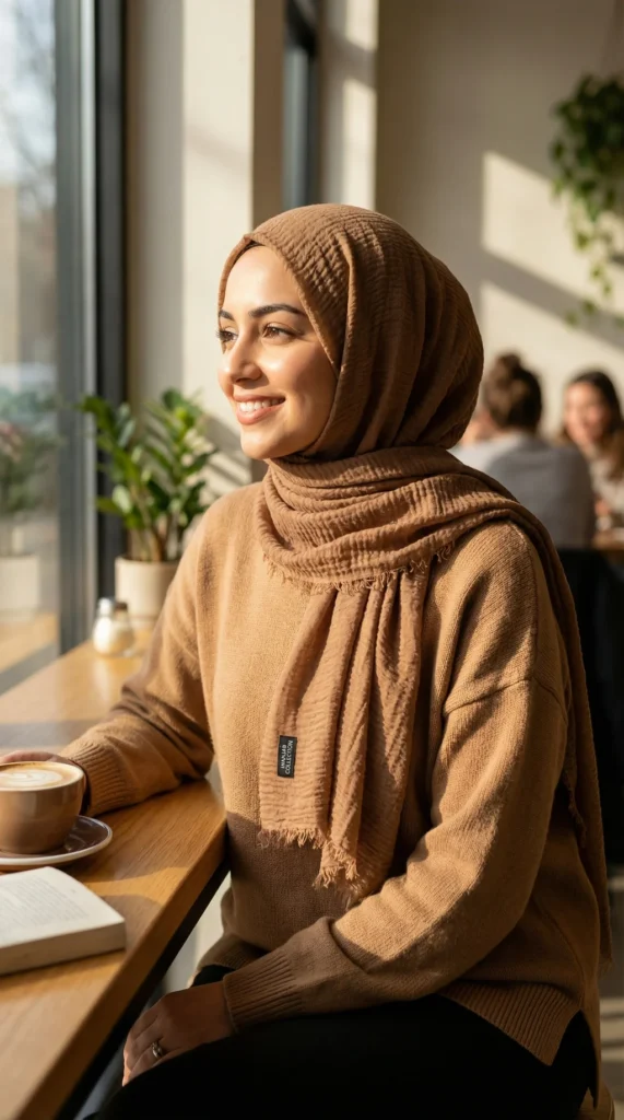 Camel Crinkled Hijab Basic Collection - Lifestyle Photo - Model Style: Hijabi