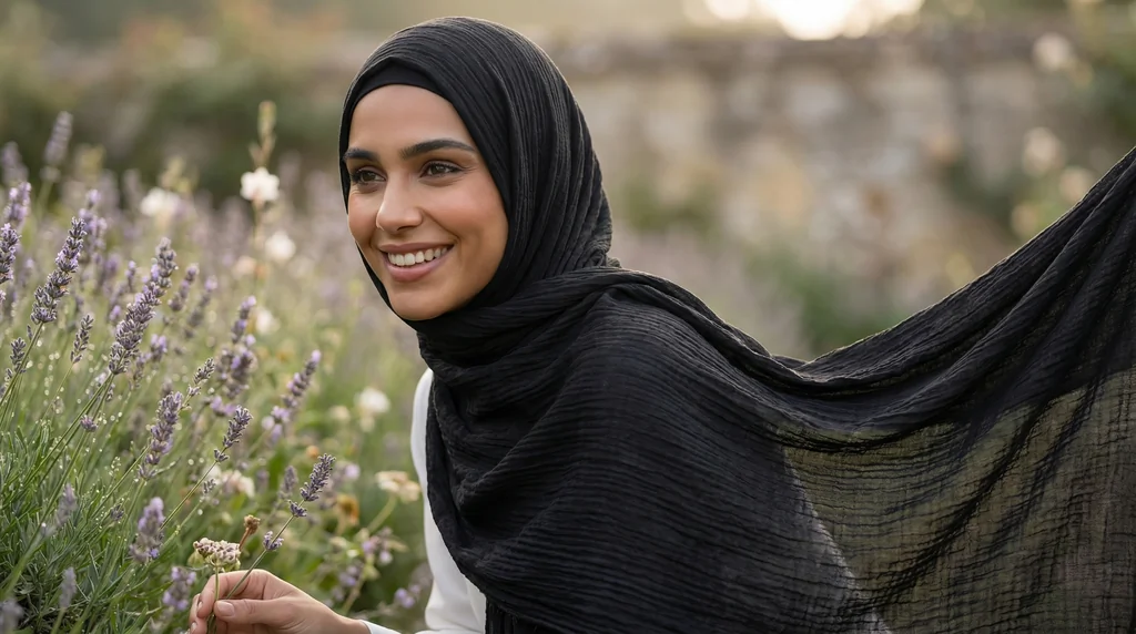 Hijab Froissé Noir 1 Hijab Froissé Noir - Garden Photo - Model Style: Hijabi