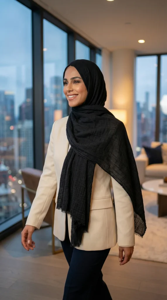 Hijab Froissé Noir - Luxury Photo - Model Style: Hijabi