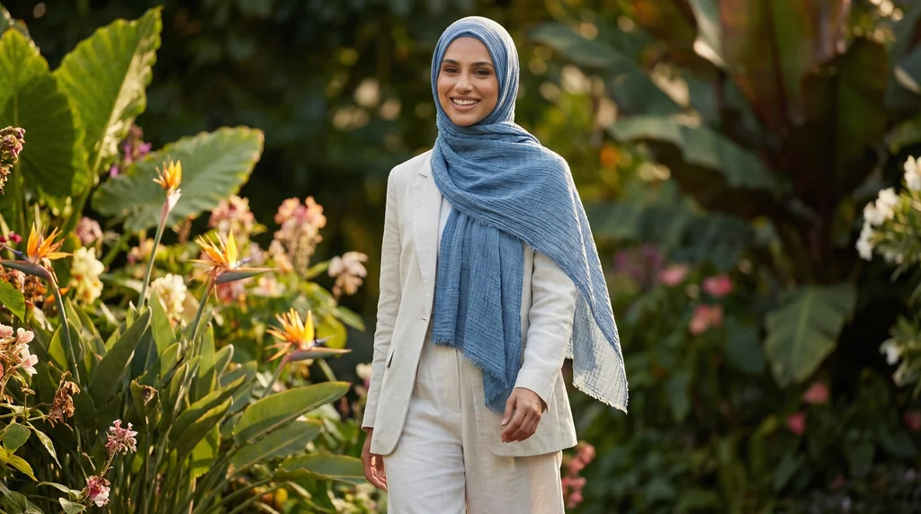 Hijab Froissé SteelBlue Basic Collection 1 Hijab Froissé SteelBlue Basic Collection - Garden Photo - Model Style: Hijabi