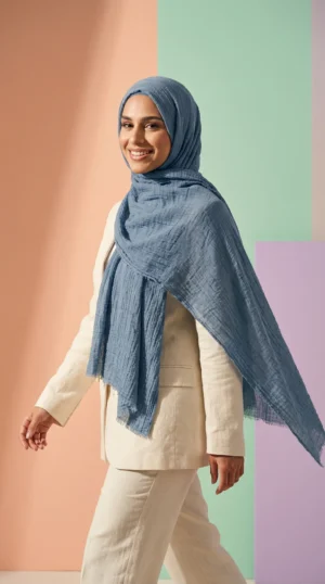 Crinkled Steel Blue Hijab Basic Collection - Minimal Photo - Model Style: Hijabi