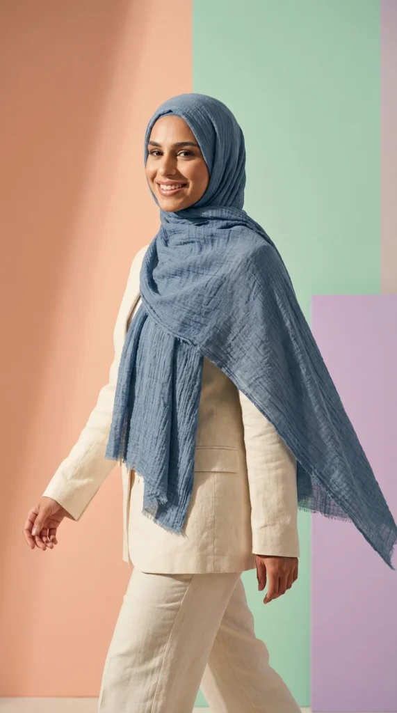 Crinkled Steel Blue Hijab Basic Collection - Minimal Photo - Model Style: Hijabi