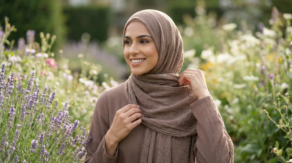 Hijab froissé Taupe Basic Collection 1 Hijab froissé Taupe Basic Collection - Garden Photo - Model Style: Hijabi