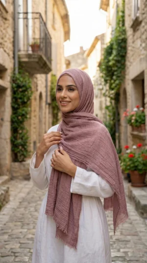 Crinkled Pale Lilac Hijab Basic Collection - Street Photo - Model Style: Hijabi