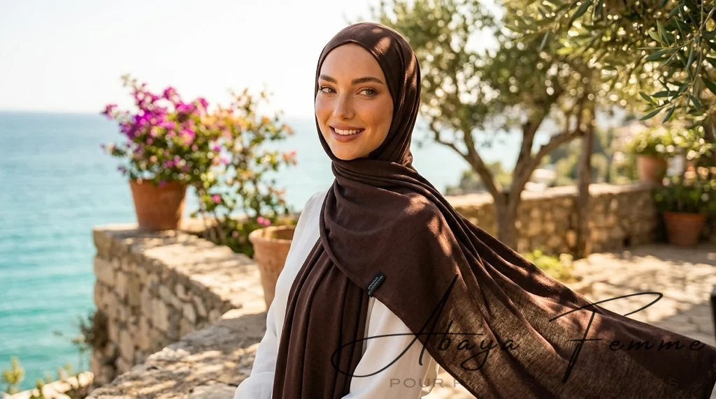 Hijab Jersey Saddlebrown Collection Premium Rectangulaire 1 Hijab Jersey LightPink Rectangulaire Collection Premium - Lifestyle Photo - Model Style: Hijabi