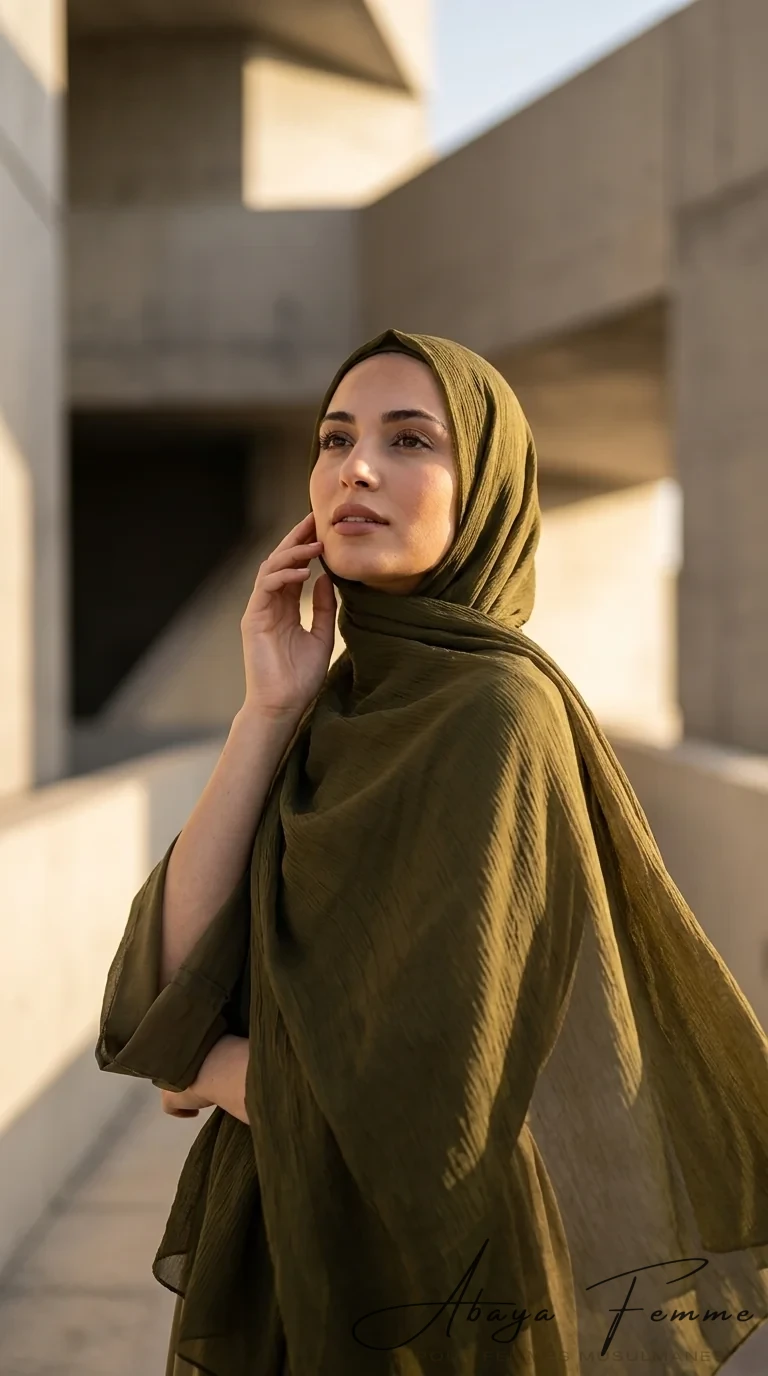 Hijab Mousseline Froissé DarkKhaki Rectangulaire - Minimal Photo - Model Style: Hijabi