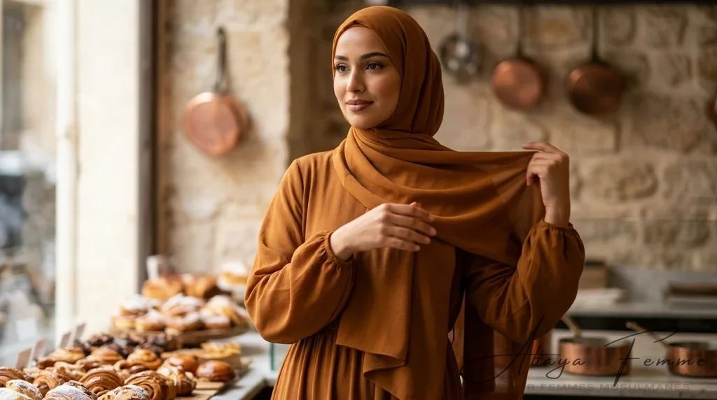 Hijab Mousseline Marron Premium Collection 1 Hijab Mousseline Marron Premium Collection - Lifestyle Photo - Model Style: Hijabi