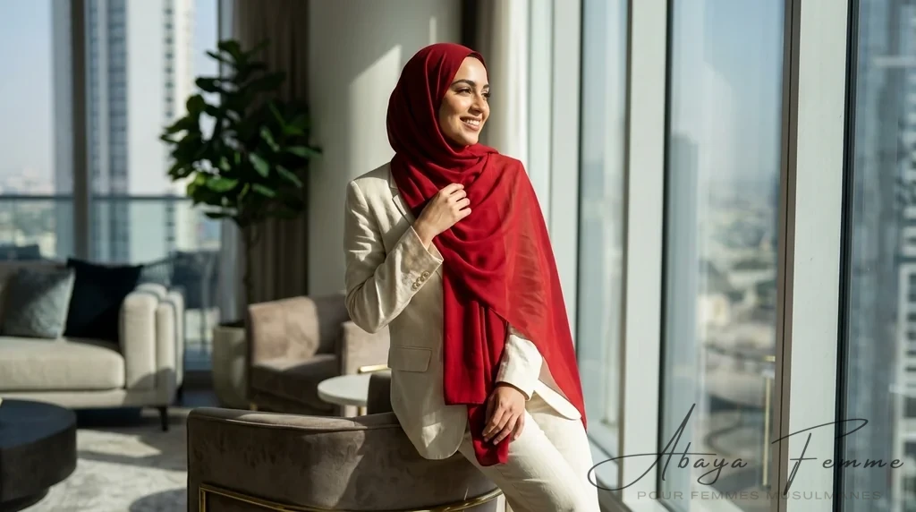 Hijab Mousseline Rouge Premium Collection 1 Hijab Mousseline Rouge Premium Collection - Lifestyle Photo - Model Style: Hijabi
