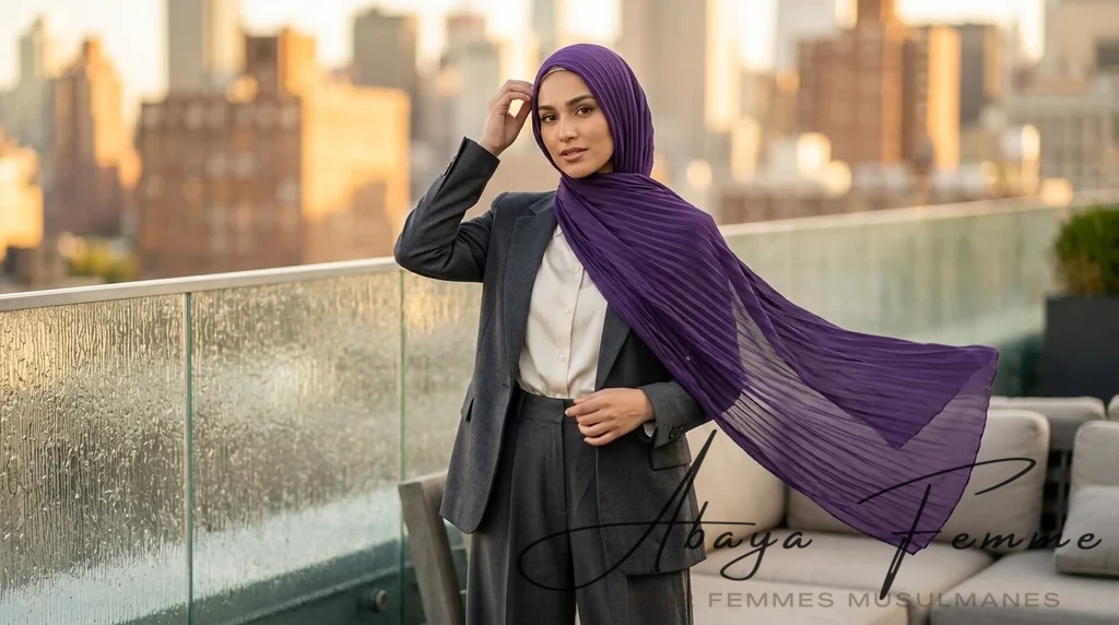 Hijab Mousseline Plissé rectangulaire DarkOrchid Collection Wisteria 1 Hijab Mousseline Style papier Plissé rectangulaire de 1.80m DarkOrchid Wisteria Collection - Lifestyle Photo - Model Style: Hijabi