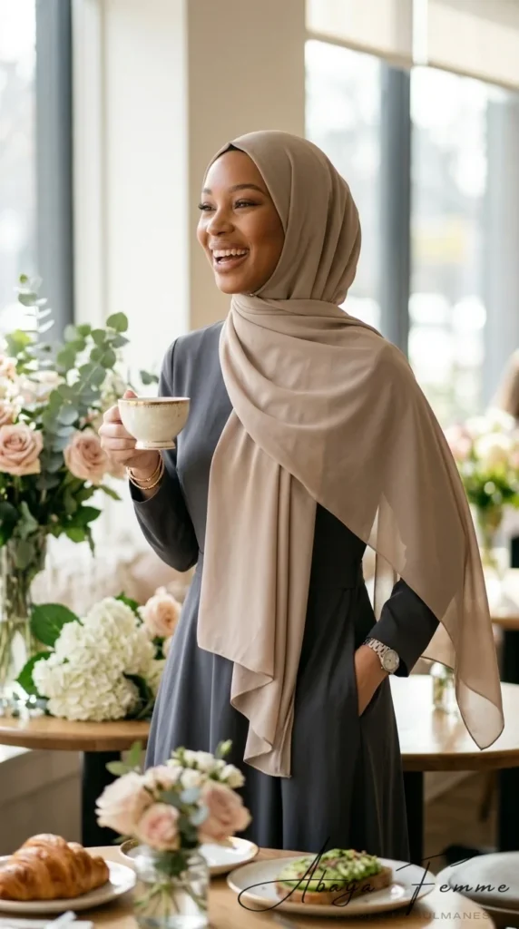 Premium Collection Taupe Chiffon Hijab - Lifestyle Photo - Model Style: Hijabi