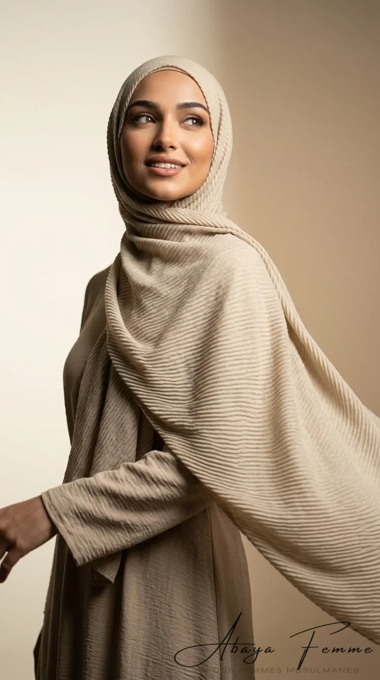 Hijab Plissé Careena Beige Rectangulaire 180cm - Minimal Photo - Model Style: Hijabi