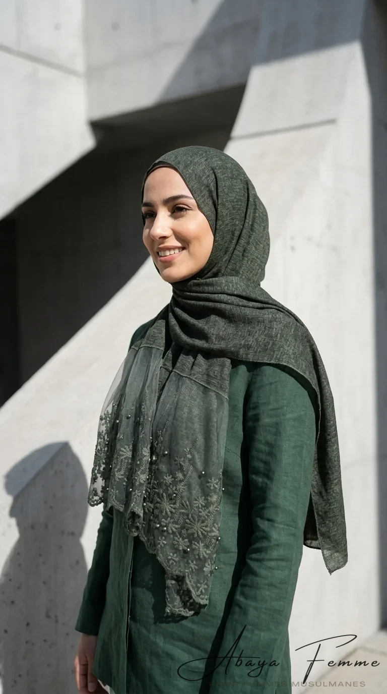 Hijab Voile Dentelle rectangulaire Forest - Minimal Photo - Model Style: Hijabi