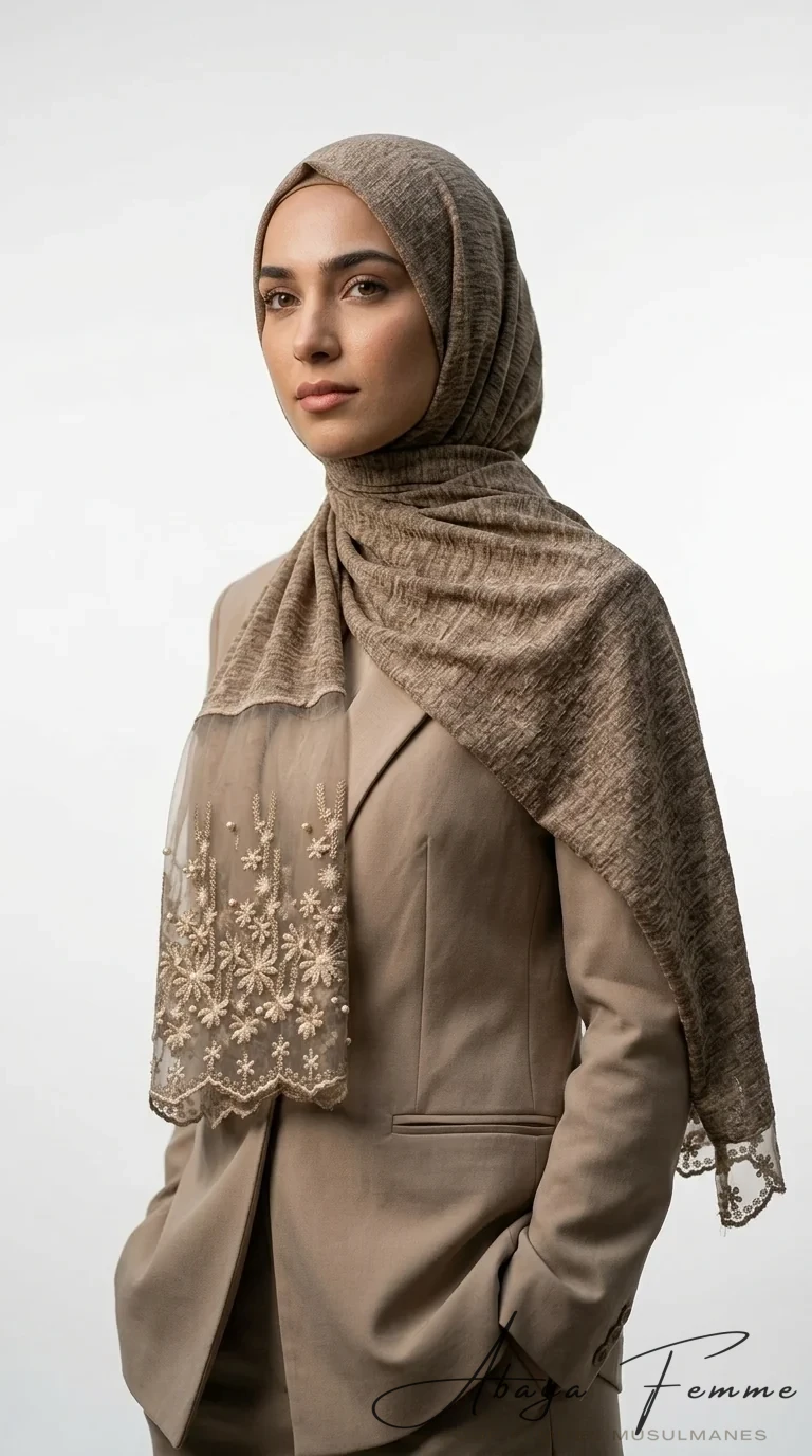 Hijab Voile rectangulaire Collection Dentelle Burlywood - Studio Photo - Model Style: Hijabi