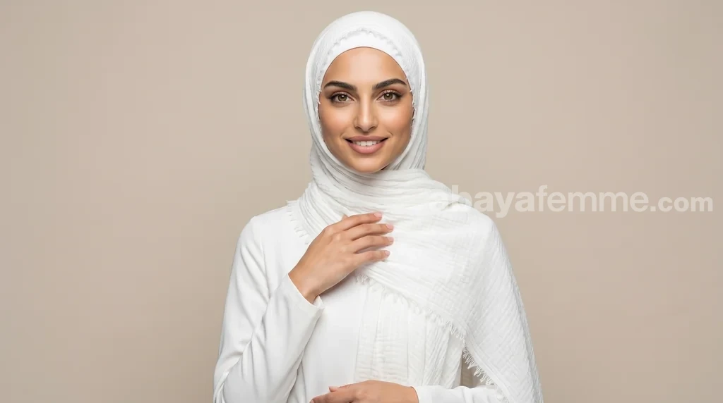 Hijab froissé Blanc Basic Collection 1 Femme portant le hijab froissé blanc basic collection avec élégance