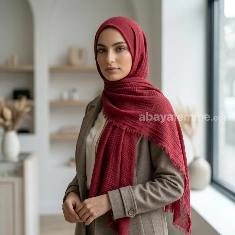Hijab Froissé Deep Fushia Basic Collection 2 Détail du tissu viscose du hijab froissé deep fushia basic collection