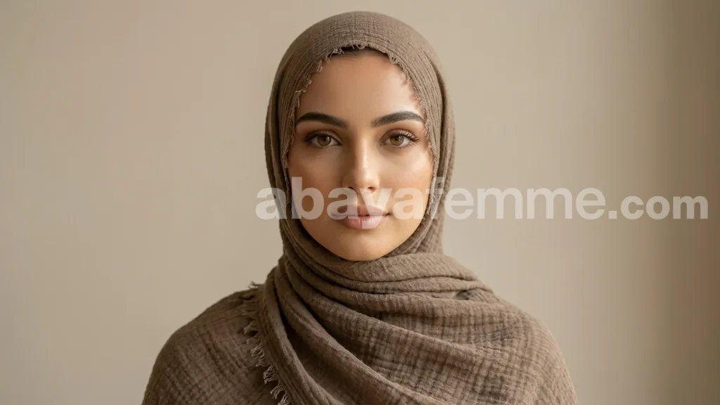 Hijab Froissé Deep Taupe Basic Collection 1 Femme portant le hijab froissé deep taupe basic collection