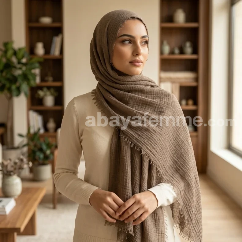 Hijab Froissé Deep Taupe Basic Collection 2 Détail de la texture du hijab froissé deep taupe basic collection