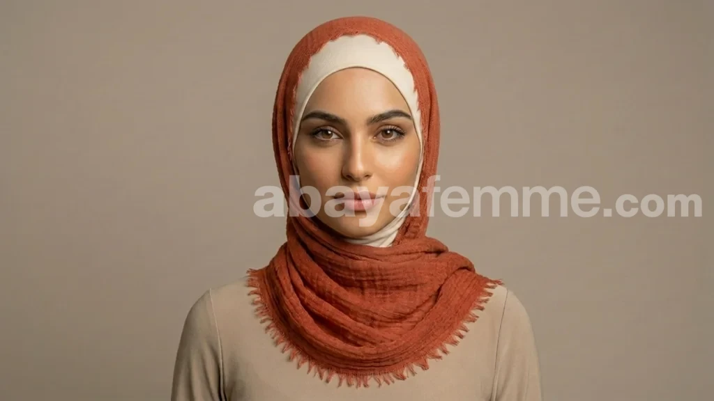 Hijab Froissé Rouille Basic Collection 1 Femme portant le hijab froissé rouille basic collection