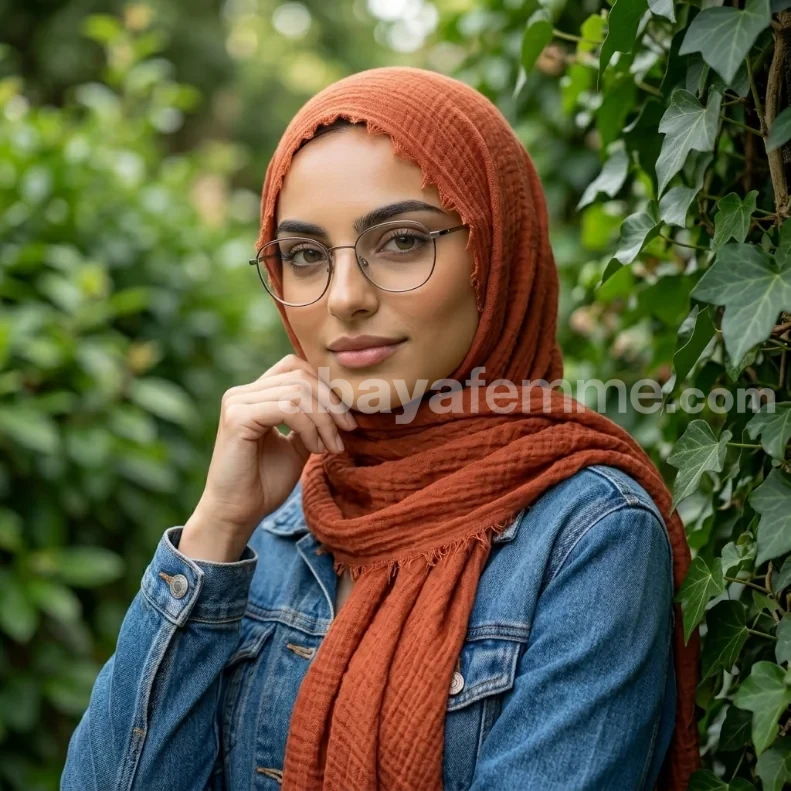 Hijab Froissé Rouille Basic Collection 2 Détail de la texture en viscose du hijab froissé rouille