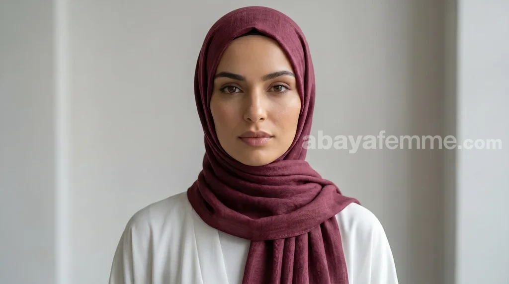 Hijab bordeaux collection Louna 1 Femme portant le hijab bordeaux de la collection Louna avec élégance