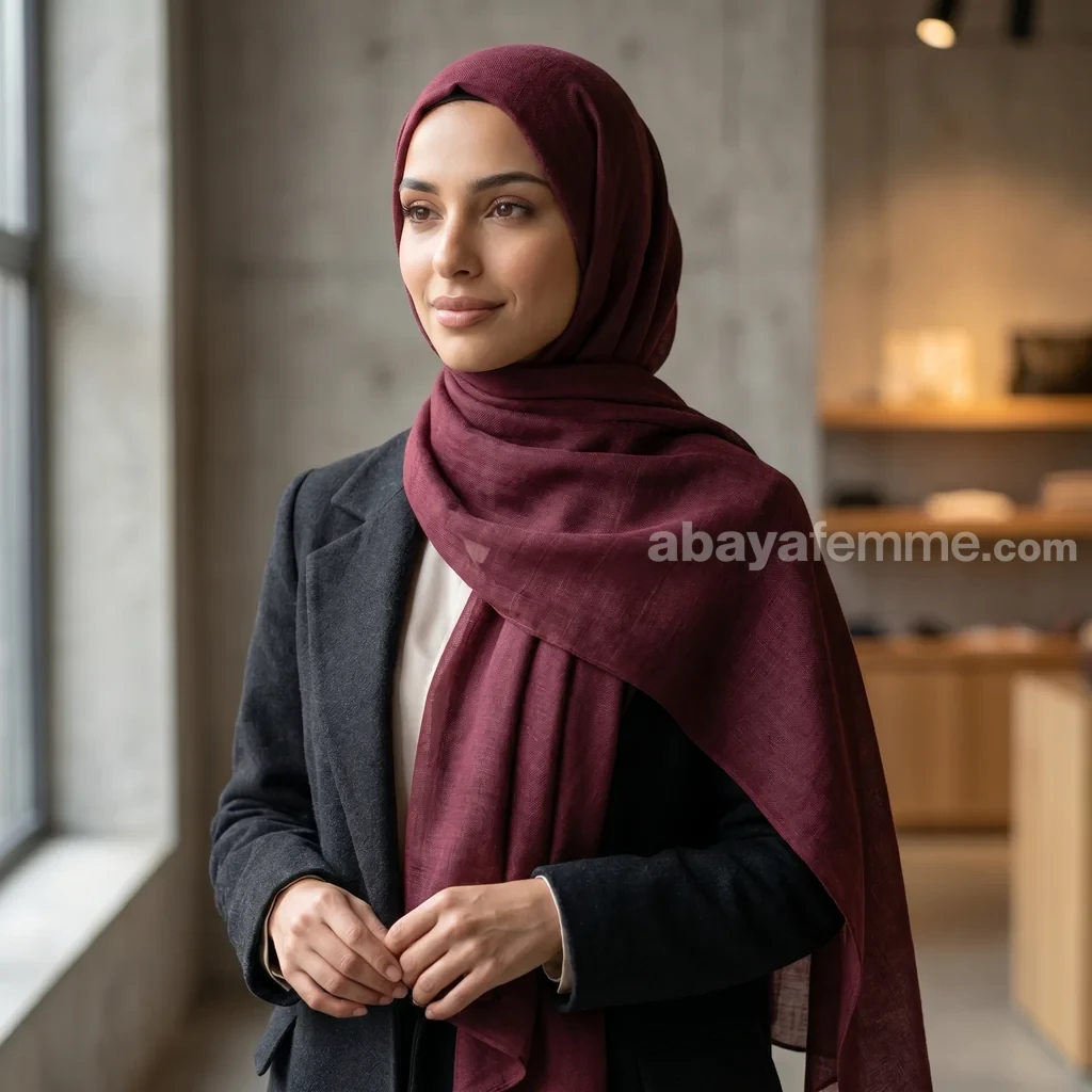 Hijab bordeaux collection Louna 3 Gros plan sur la texture et la couleur intense du hijab bordeaux