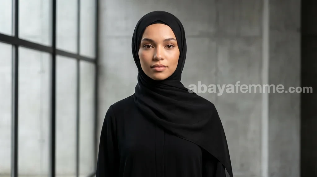 Hijab Noir collection Louna 1 Femme portant le hijab noir pas cher de la collection Louna, style chic et élégant
