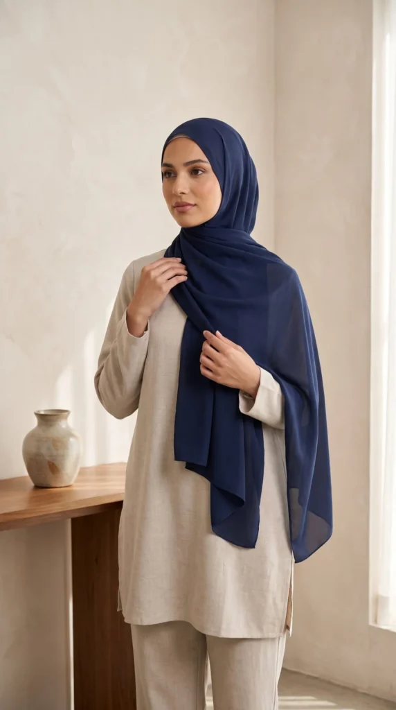 Hijab Mousseline Bleu Marine Collection Premium – view 3