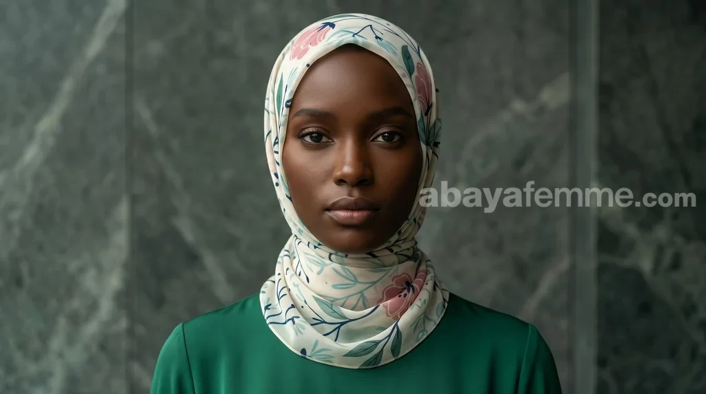 Hijab Mousseline de Soie Imprimé Carré Collection Luna FP01 1 Femme portant un hijab carré imprimé en mousseline de soie noire