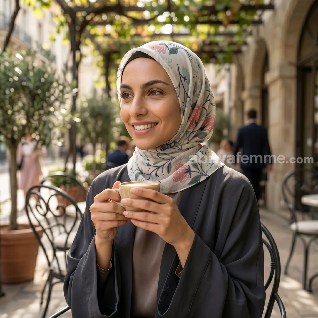 Hijab Mousseline de Soie Imprimé Carré Collection Luna FP01 2 Détail des motifs et de l'ourlet roulotté du foulard carré imprimé