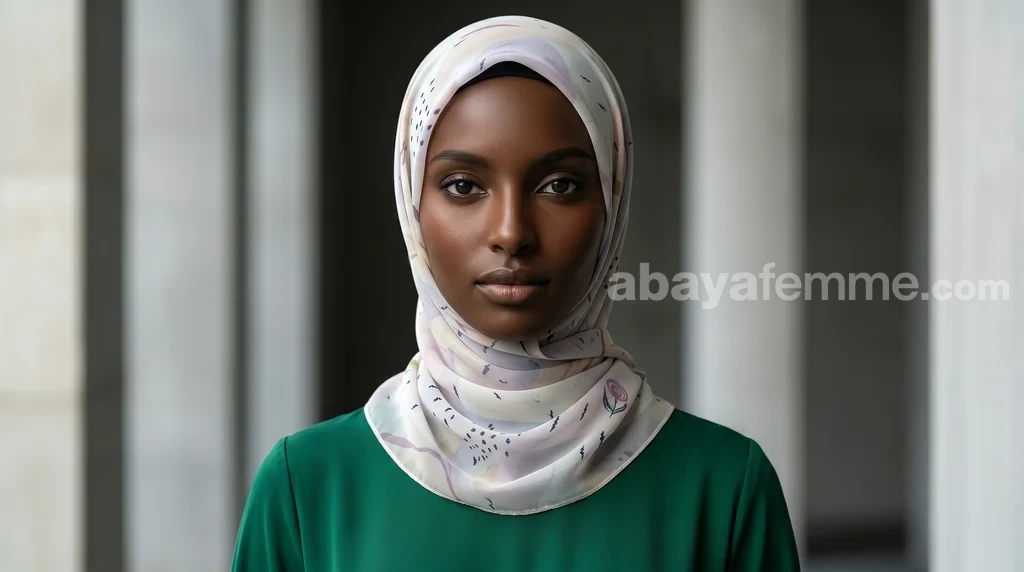 Hijab Mousseline de Soie Imprimé Carré Collection Luna FP06 1 Femme élégante portant le Hijab Mousseline de Soie Imprimé Carré de la Collection Luna