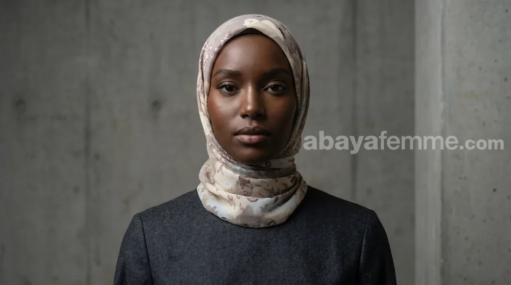 Hijab Mousseline de Soie Imprimé Carré Collection Luna FP02 1 Femme portant un hijab mousseline imprimé carré avec élégance