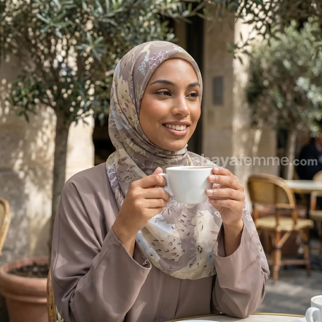 Hijab Mousseline de Soie Imprimé Carré Collection Luna FP02 2 Détail des motifs et de l'ourlet roulotté du hijab mousseline imprimé