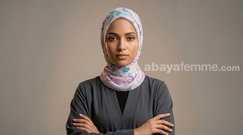 Hijab Mousseline de Soie Imprimé Carré Collection Luna FP07 1 Femme portant le hijab mousseline carré imprimé Luna de face avec un drapé élégant