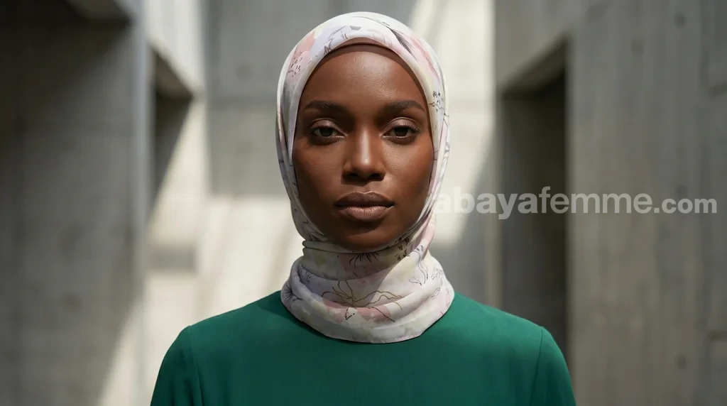 Hijab Mousseline de Soie Imprimé Carré Collection Luna FP08 1 Femme portant le hijab carré mousseline imprimé Luna FP08 avec élégance