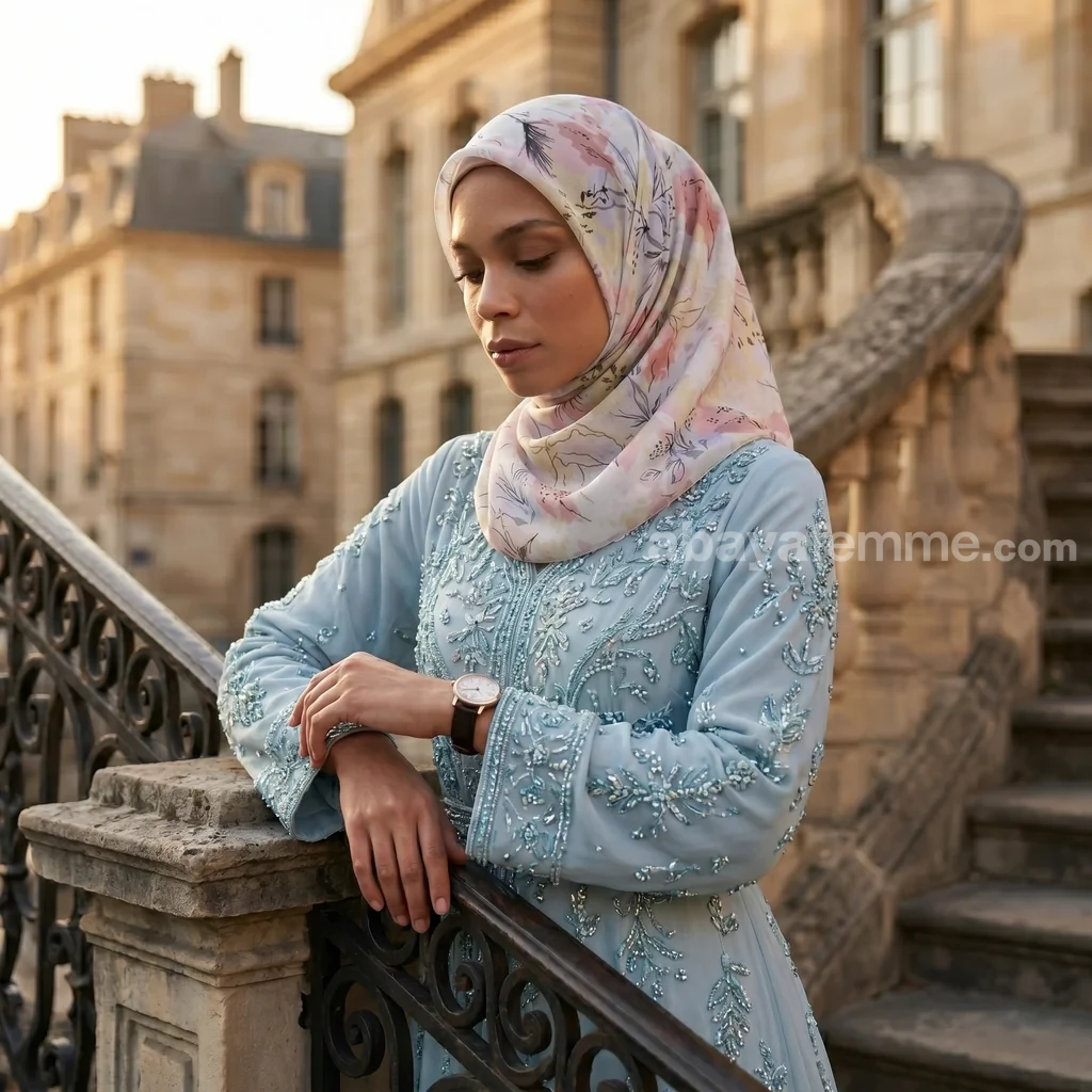 Hijab Mousseline de Soie Imprimé Carré Collection Luna FP08 2 Détail du tissu et de l'ourlet roulotté du hijab mousseline carré