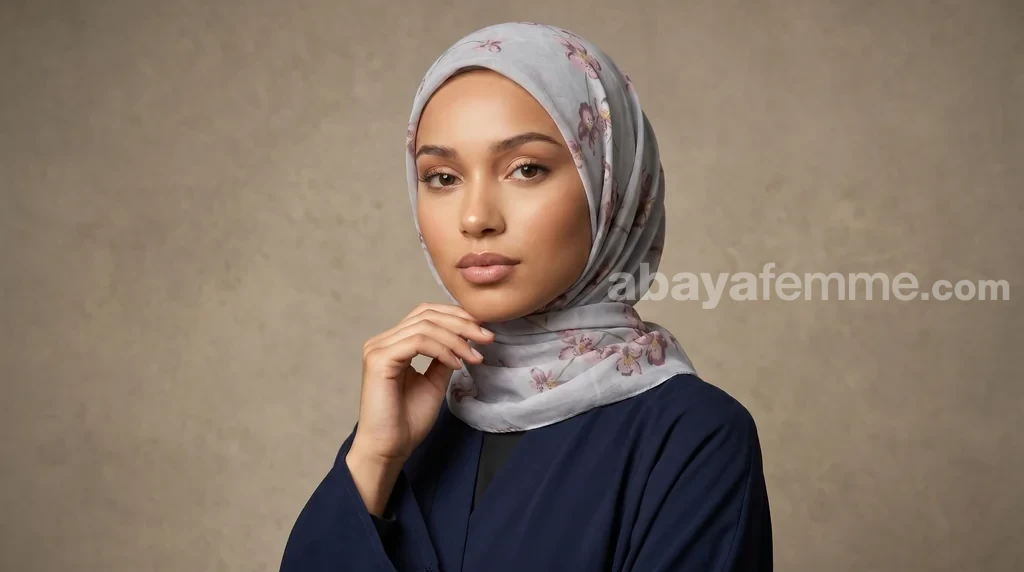 Hijab Mousseline de Soie Imprimé Carré FP14 Collection Luna 1 Femme portant le hijab mousseline de soie imprimé carré fp14 collection luna