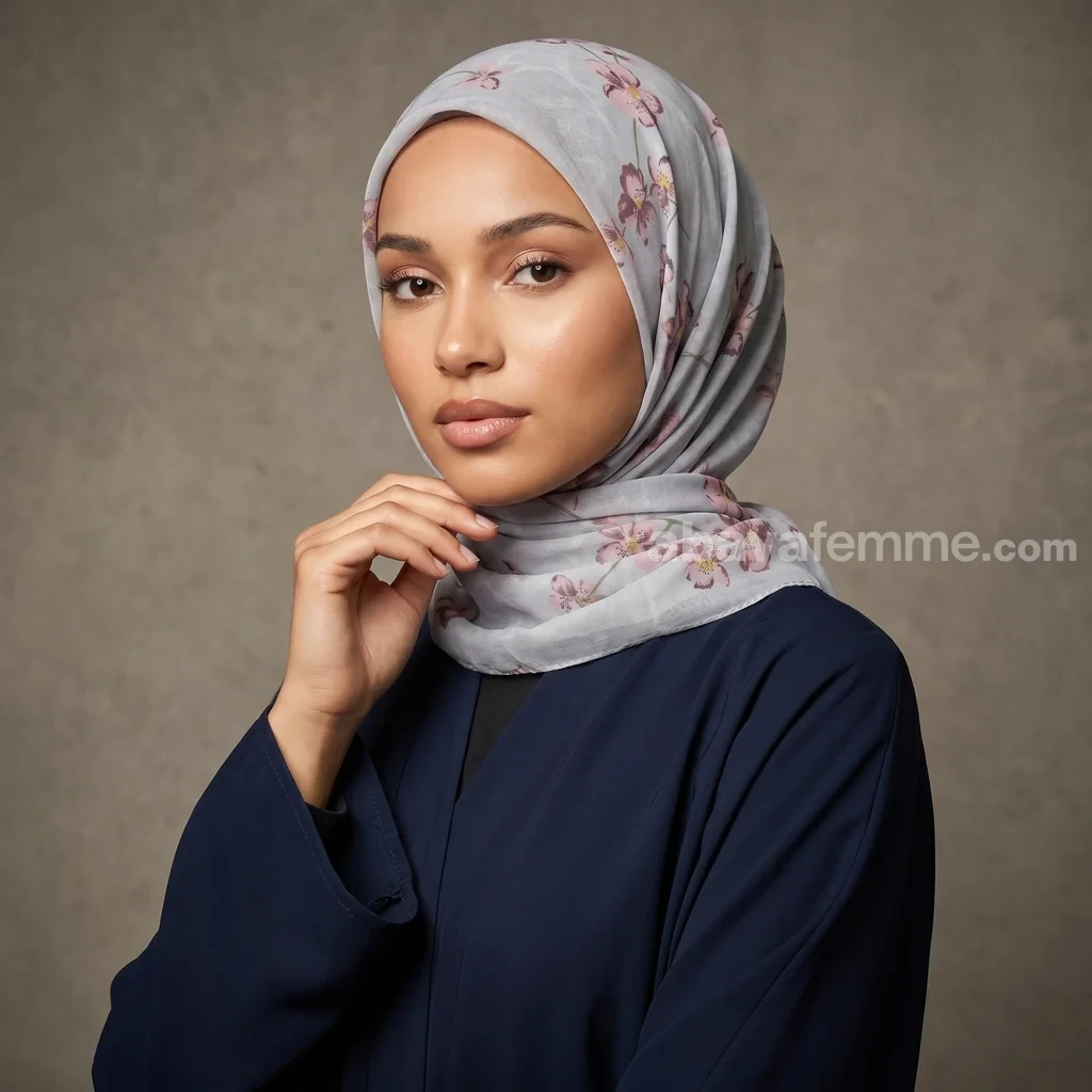 Hijab Mousseline de Soie Imprimé Carré FP14 Collection Luna 2 Détail du motif et de la texture du hijab mousseline de soie imprimé carré fp14 collection luna