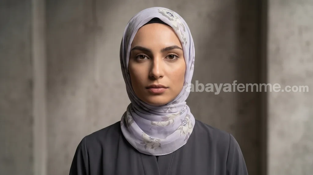 Hijab Mousseline de Soie Imprimé Carré Collection Luna FP16 1 Femme élégante portant le hijab carré imprimé collection luna fp16 en mousseline de soie