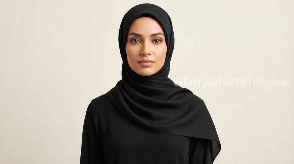 Hijab Mousseline de Soie Carré Noir Collection Riley 1 Femme élégante portant le hijab mousseline de soie carré noir collection riley