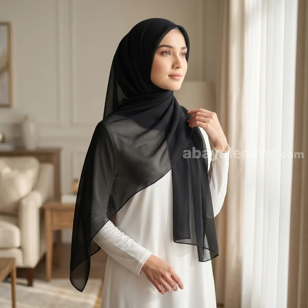 Hijab Mousseline de Soie Carré Noir Collection Riley 2 Détail du tissu et de l'ourlet roulotté du hijab mousseline de soie carré noir collection riley