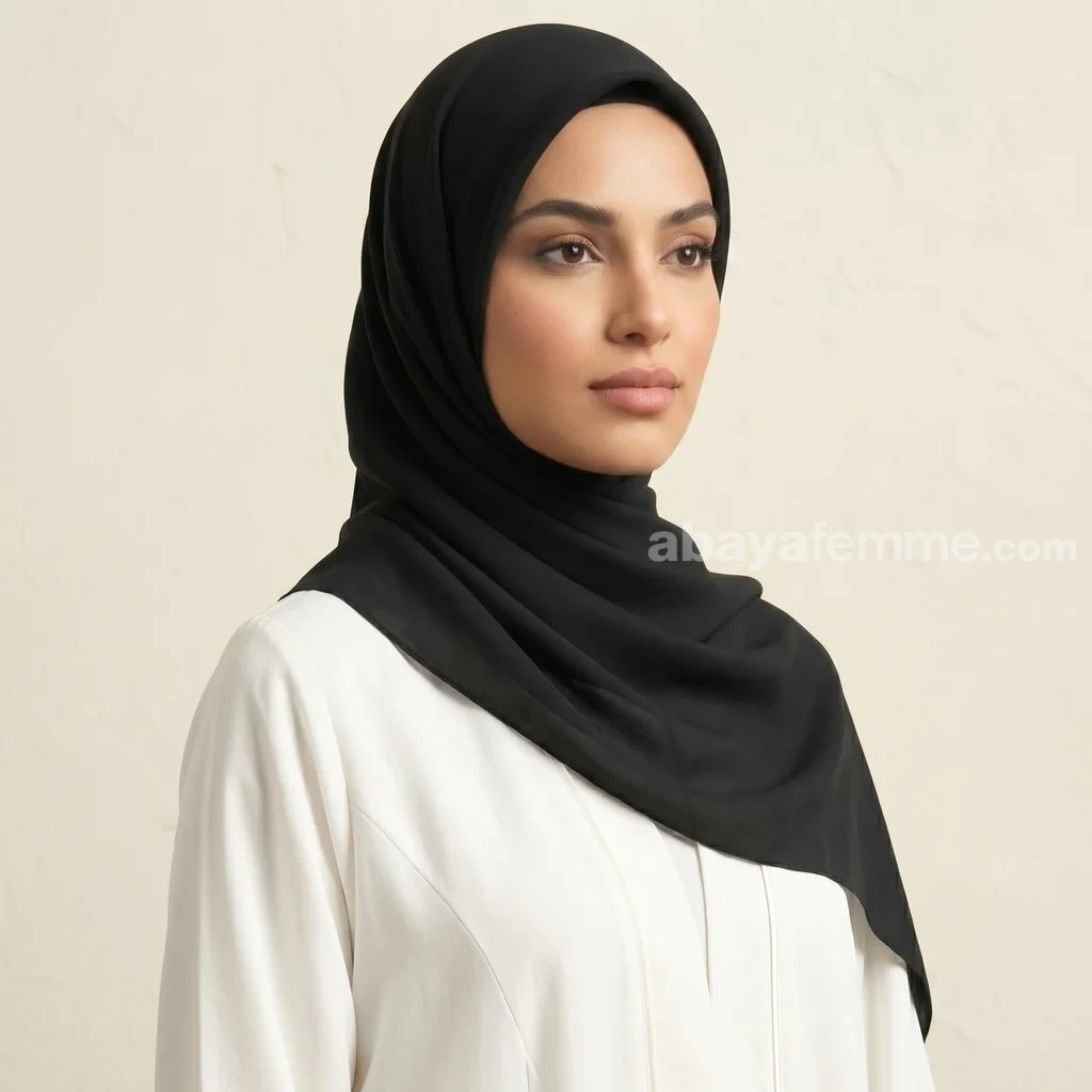 Hijab Mousseline de Soie Carré Noir Collection Riley 3 Femme française élégante portant le hijab mousseline de soie carré noir