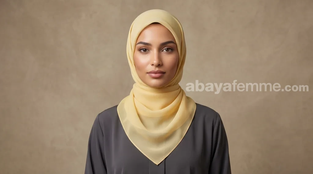 Hijab Mousseline de Soie Carré Jaune Collection Riley 1 Femme portant le hijab mousseline de soie carré jaune collection riley en style drapé