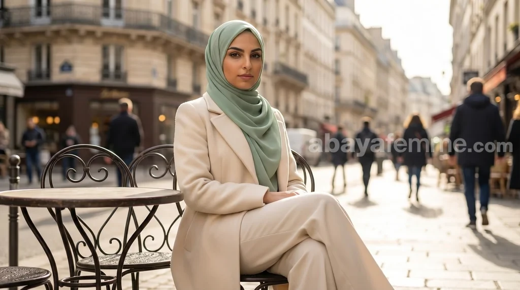 Hijab Mousseline de soie Carré vert d'eau Collection Riley 1 Hijab mousseline de soie carré vert d'eau collection riley porté avec élégance