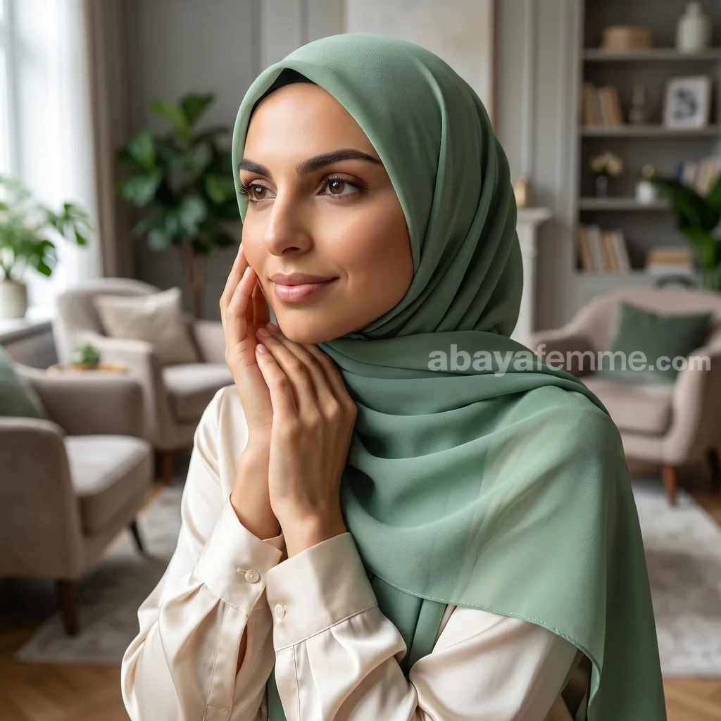 Hijab Mousseline de soie Carré vert d'eau Collection Riley 2 Détail du tissu fluide du hijab mousseline de soie carré vert d'eau collection riley