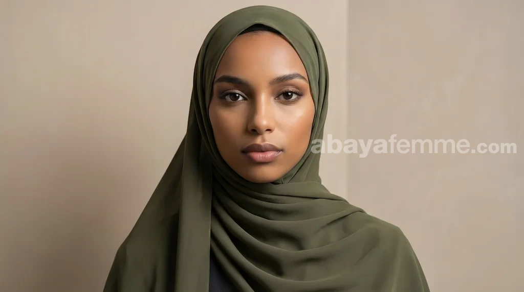 Hijab Mousseline Olive Luxury Collection 1 Femme portant le hijab mousseline olive luxury collection