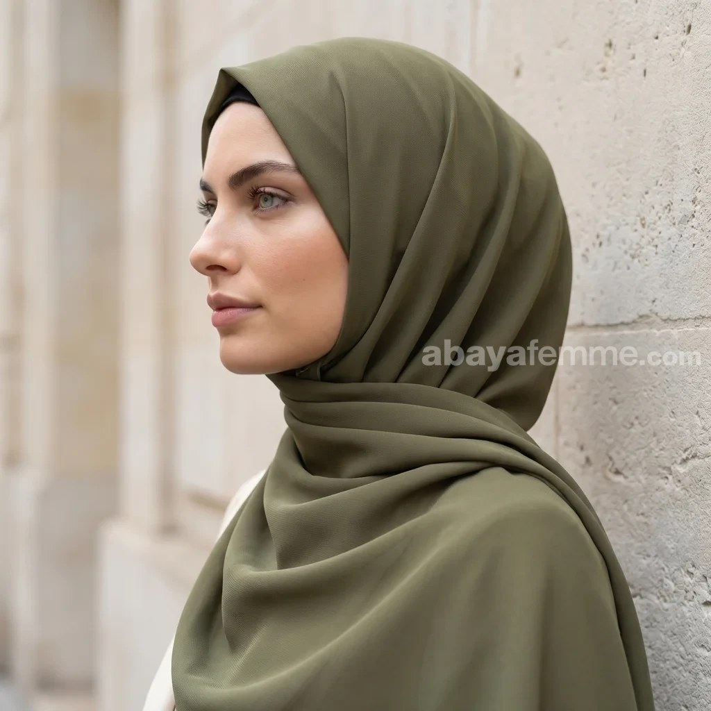 Hijab Mousseline Olive Luxury Collection 2 Détail du tissu du hijab mousseline olive luxury collection